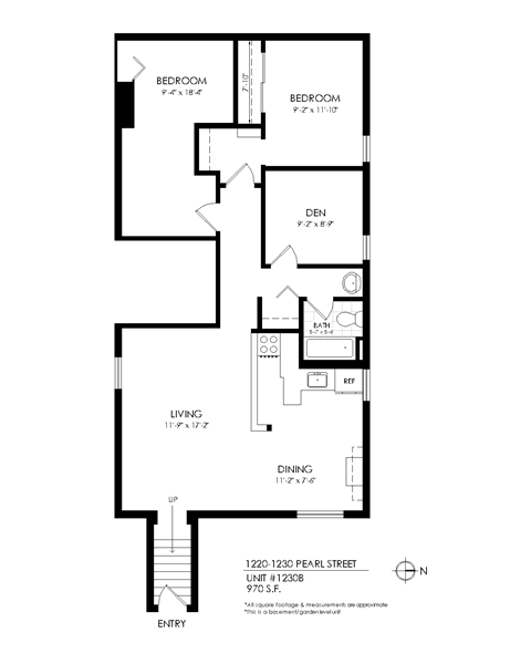 Floor plan for 2 beds, 1 bath, 945 sqft